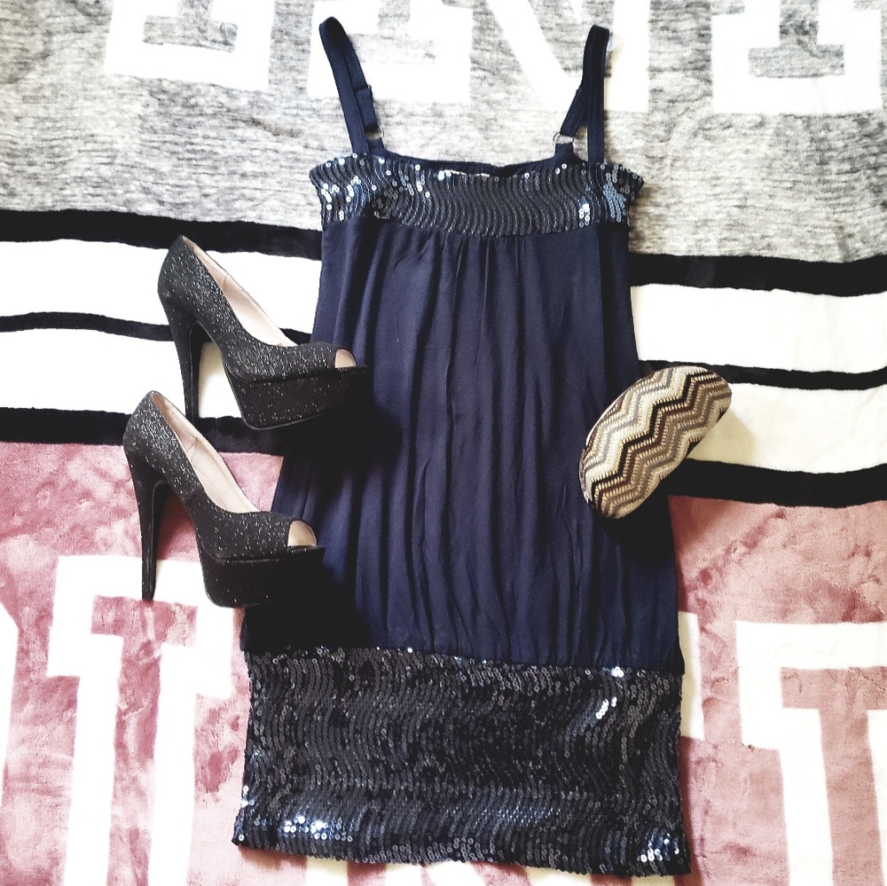NWT Navy Sequin Fitted Mini Dress